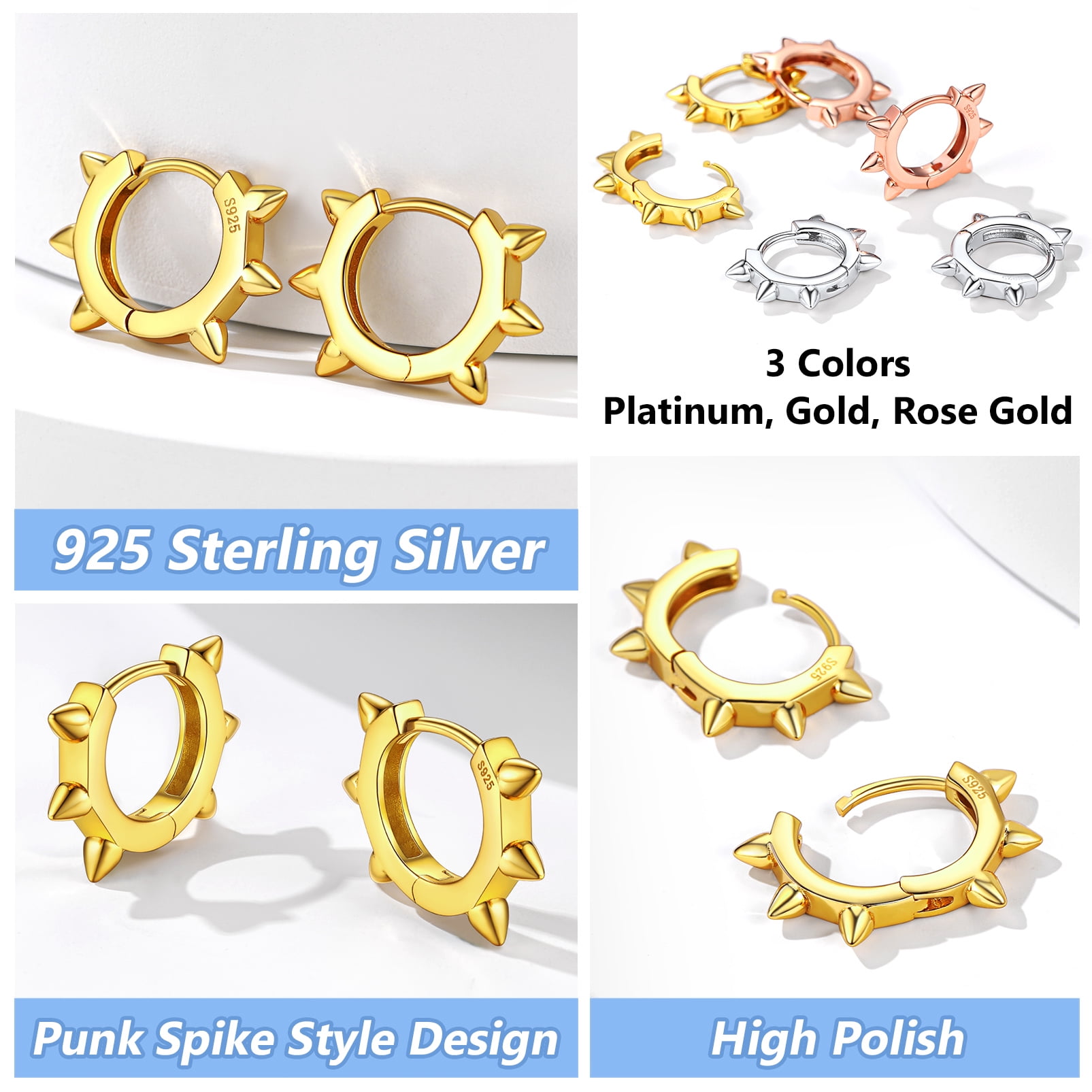 Silvora Gold Plated Small Huggie Hoop Earrings for Women Men Rivet Sterling Silver Punk Gothic Ear Hoops