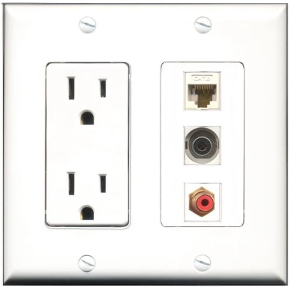 RiteAV - 15 Amp Power Outlet 1 Port RCA Red 1 Port Shielded Cat6 Ethernet Ethernet 1 Port 3.5mm Decorative Wall Plate