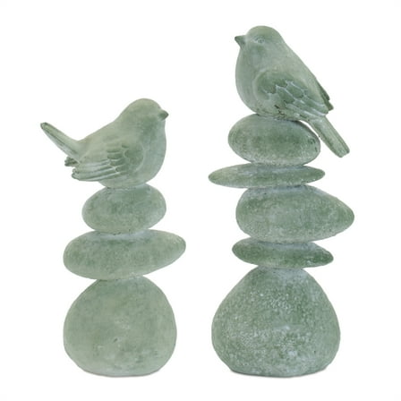 Melrose Bird on Rocks Figurine Decorations - 10.5" - Green and Gray - Set of 4