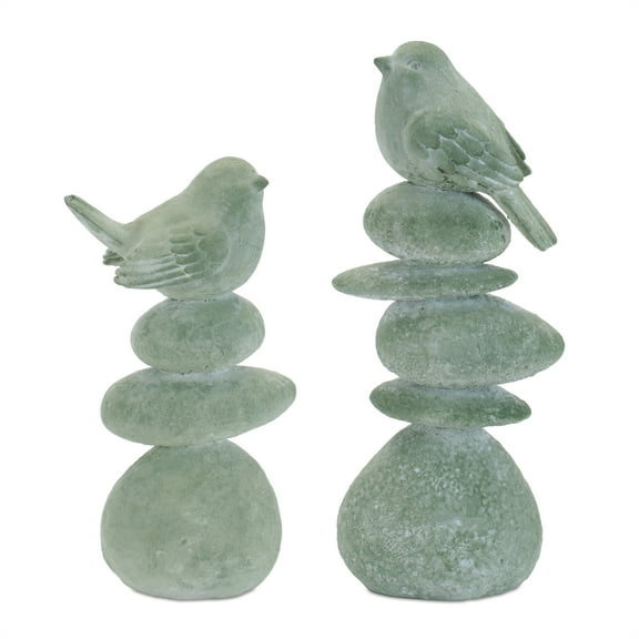 Melrose Bird on Rocks Figurine Decorations - 10.5" - Green and Gray - Set of 4