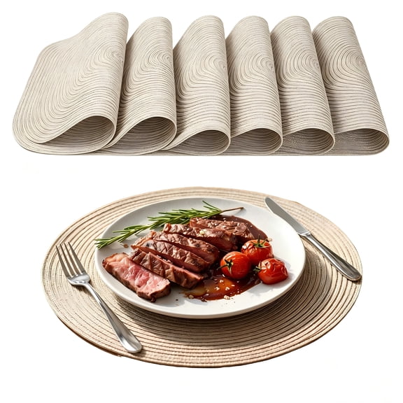 Set of 6 Braided Round Placemats - 15 Inch Heat Resistant Woven Table Mats with Anti-Skid Backing for Dining Table, Beige