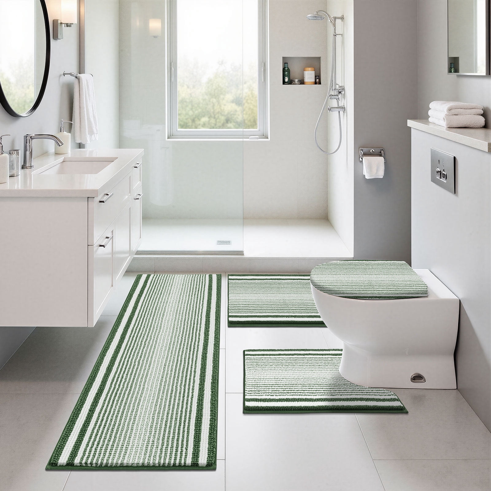 Ileading Chenille Bathroom Rugs Sets 4 Piece, Super Absorbent Non Slip Washable Bath Mat and U-Shaped Contour Toilet Rug Set for Tub Shower Floor Carpet