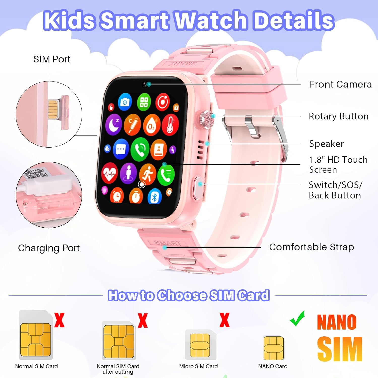 SHANNA Smart Watch for Kids (GPS) + Cellular 46 mm Pink Case with Pink Band