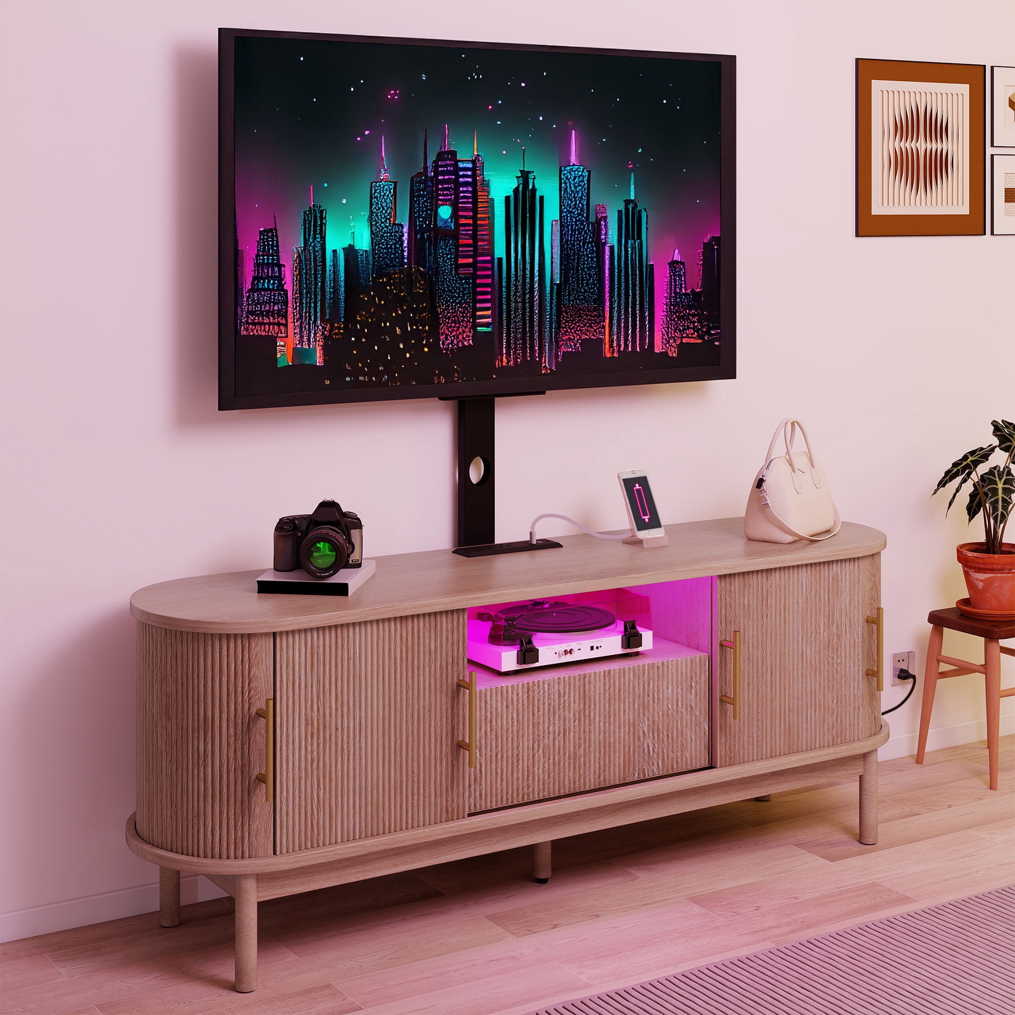Uforic 60" TV Stand with Mount for 32-75" TVs, Height Adjustable Fluted Entertainment Center, Oak