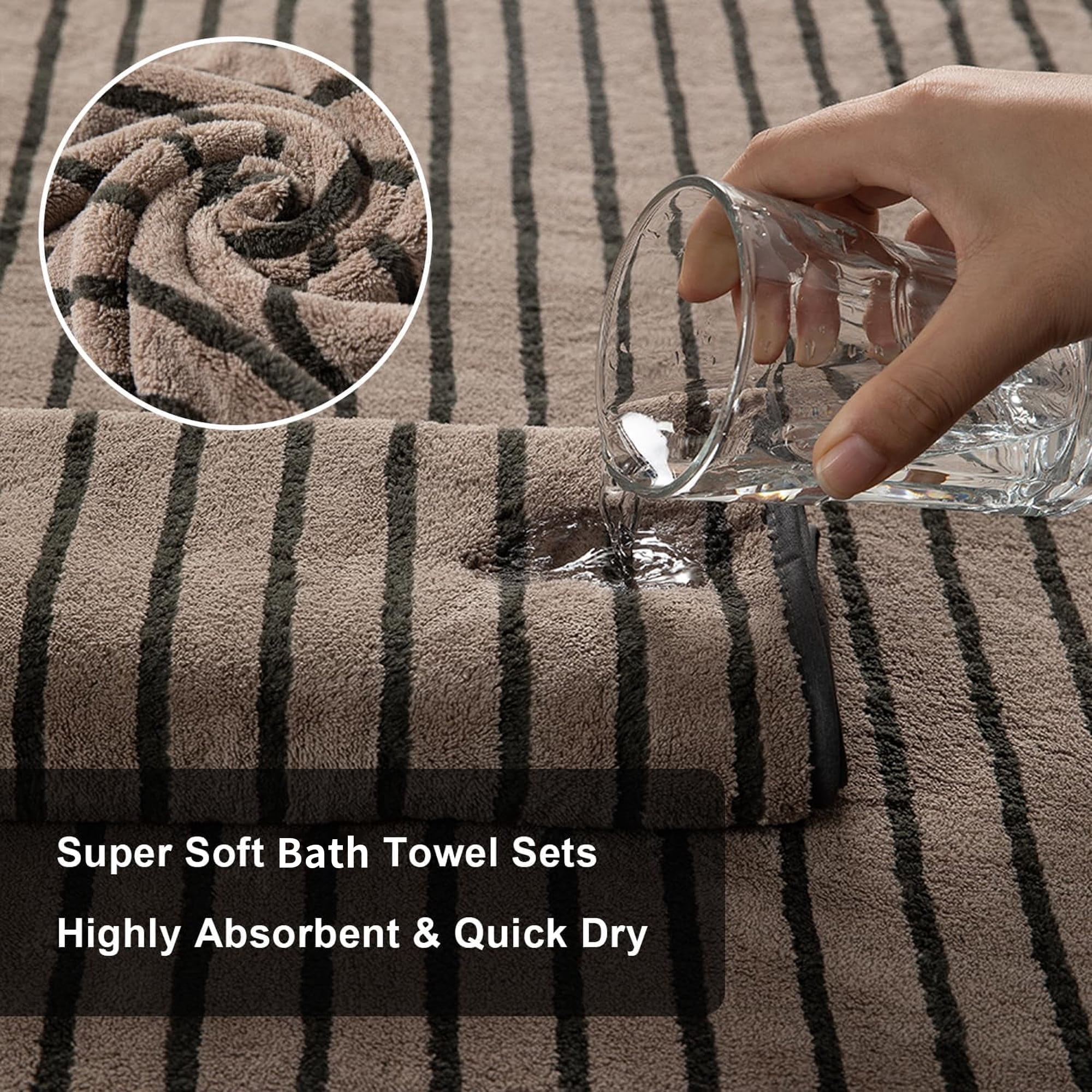 Jessy Home 8 Pcs Dark Brown Bicolor bar Stripe Large Bath Towels Set 2 Oversized Bathroom Towels, 2 Hand Towels, 4 Washcloths