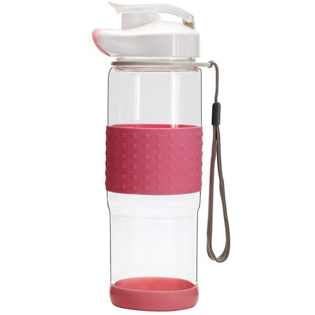 TONOS Flip Top Glass Water Bottle Silicone Wrap Glass Bottle Wide Mouth Spout Bottle BPA Free Lead Free Drinking Cup with Flip Top Lid Spout Cap Carrying Handle String-18.5 oz Pink