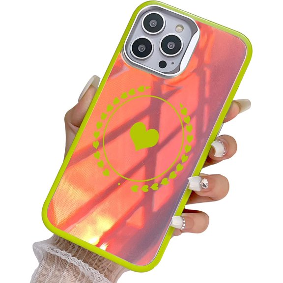 Compatible with iPhone 14 Pro Max Case 6.7 Inch, Bling Cute Case with Love Heart Laser Design, Anti-Scratch Hard PC Back and Soft TPU Bumper Shockproof Camera Protective Back Cover-Green
