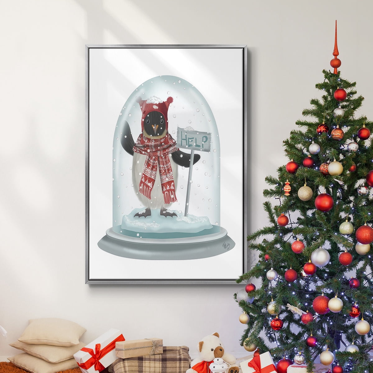 Christmas Penguin Snow Globe - Framed Gallery Wrapped Holiday Canvas - 25 x 37 - Silver Frame