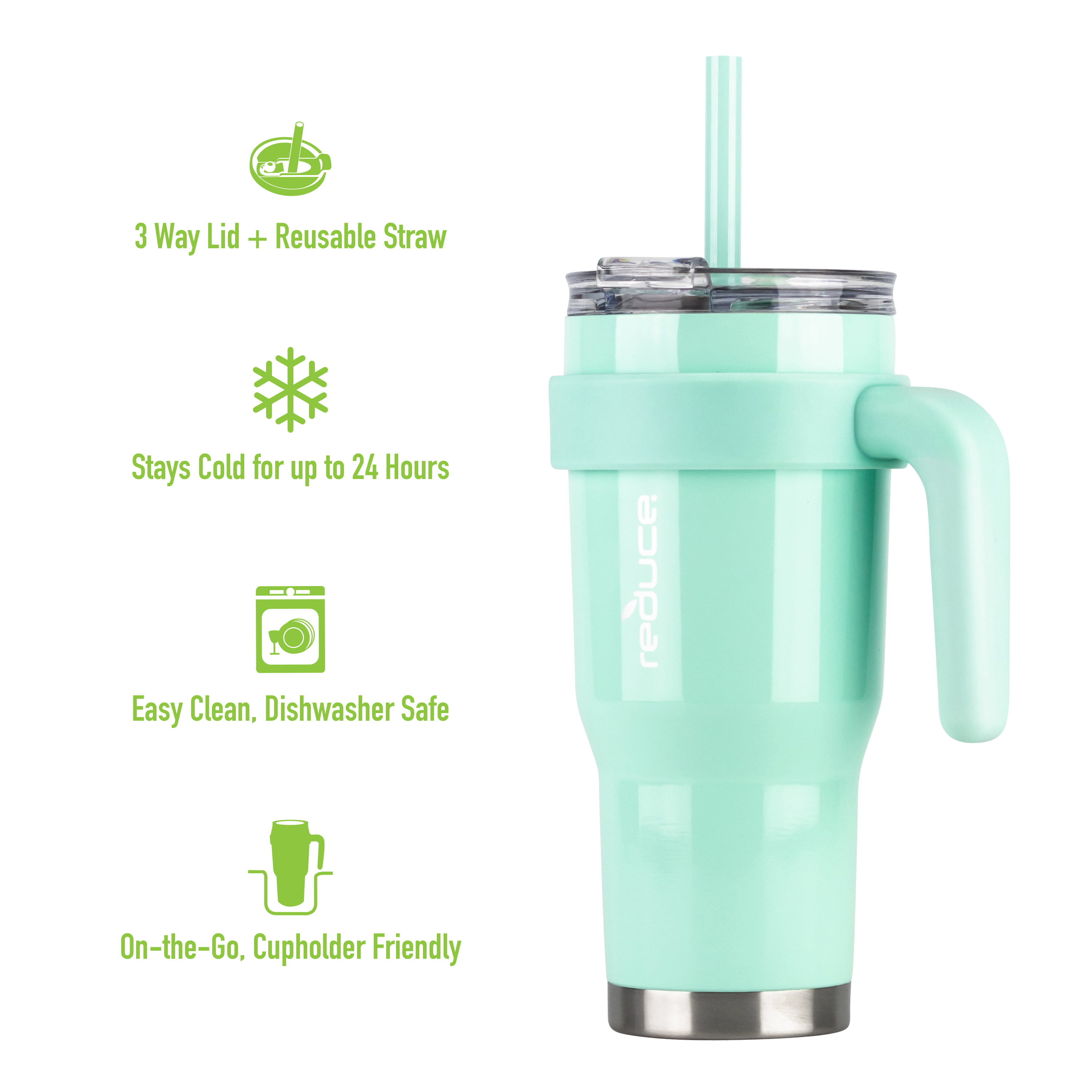 Reduce Vacuum Insulated Stainless Steel Cold1 Mug with Lid and Straw, Mild  Mint, 50 fl oz 
