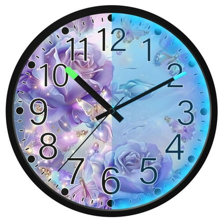 Ryvnso Purple Flower Butterfly 12 Inch Night Light Wall Clock Silent Battery Operated Luminous Clocks