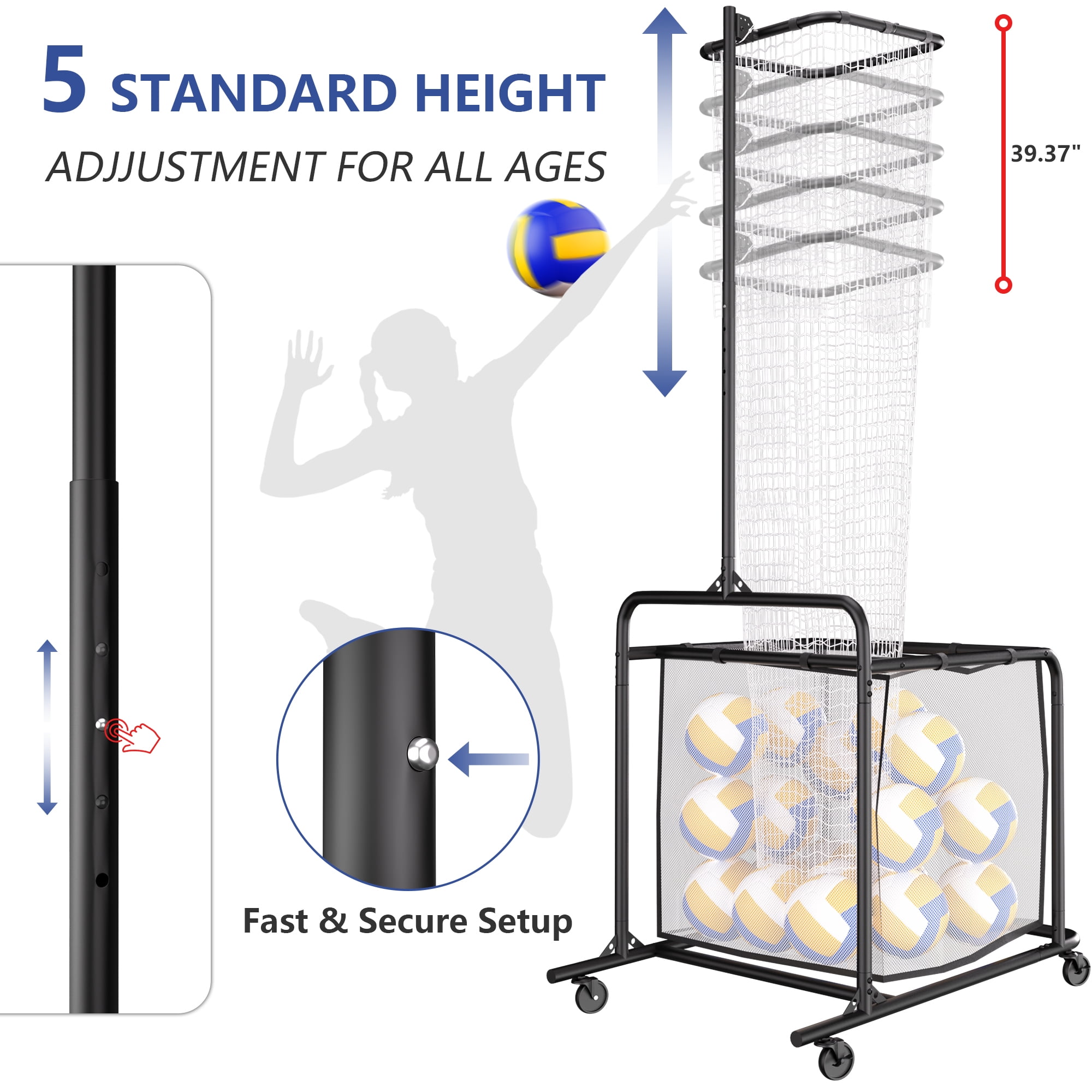 YOHKOH Volleyball Setter Training Net, 5 Adjustable Heights & Angles Portable Trainer with 4 Lockable Wheels for Indoor Outdoor Practice