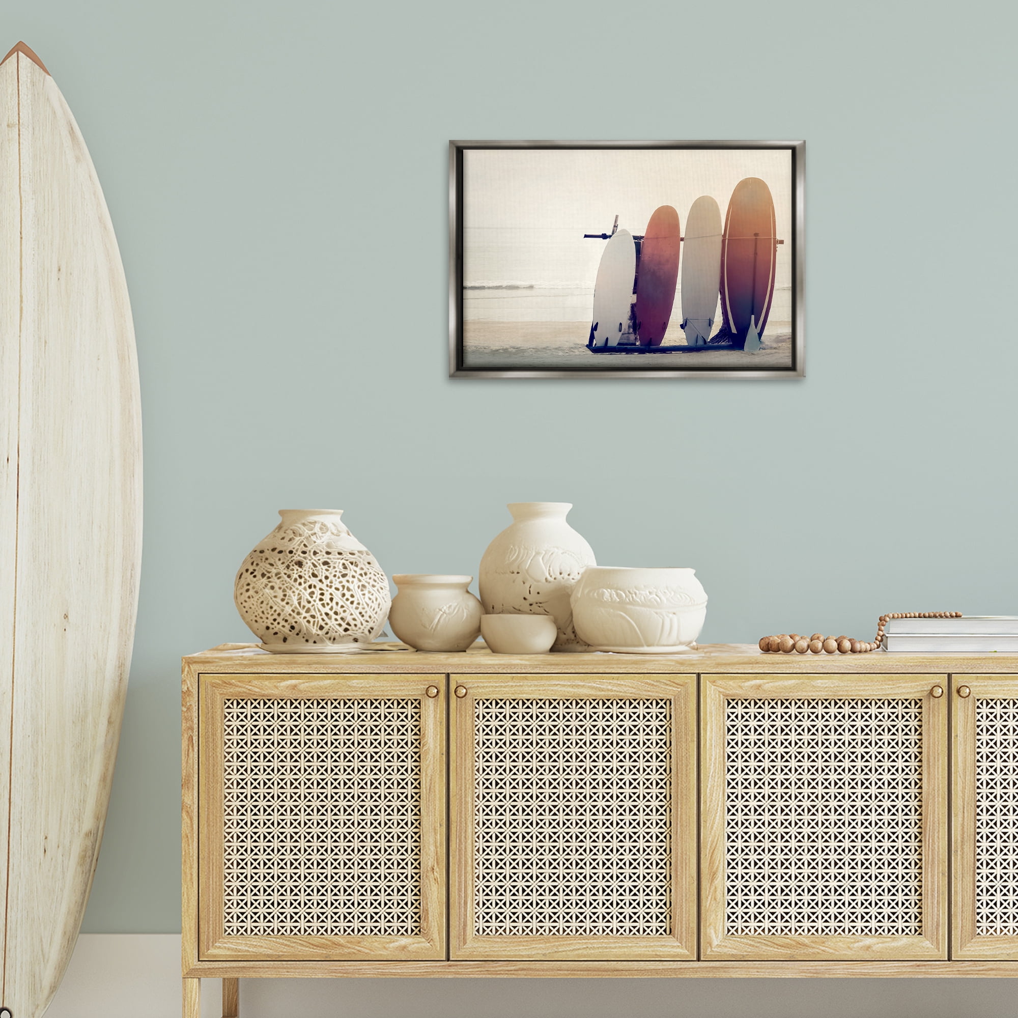 Stupell Industries Beach Surfboards Leaning Landscape Photography Gray Floater Framed Canvas Art Print Wall Art, 25 x 17