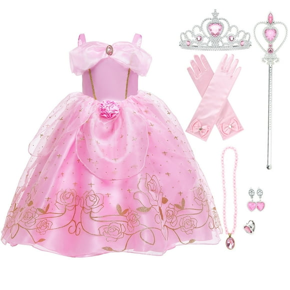 KAWELL Princess Costume for Girls Pink Princess Dress Up with Accessories for Halloween Cosplay Outfits