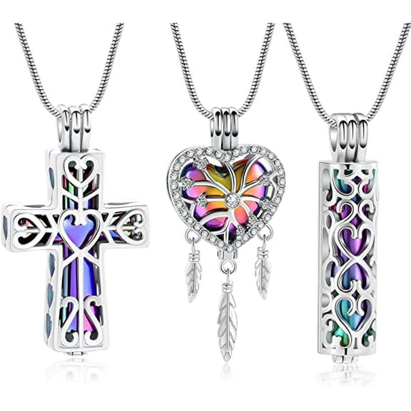 3 Pack Hollow Urn Necklace for Ashes Cylinder Cross Heart Cremation Jewelry for Ashes for Women Men Loved One Keepsake Memorial With Mini Urn
