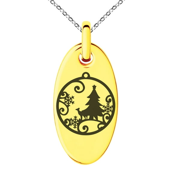 Rose Gold Stainless Steel A Merry Christmas Ornament Engraved Small Oval Charm Pendant Necklace