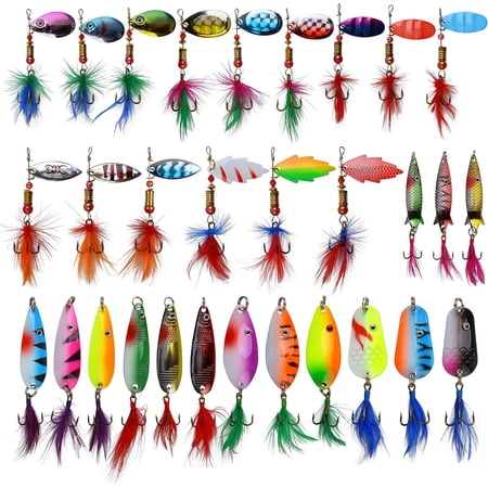 Spinner Spoons Lures Kit 30 count Rooster Metal Spoon Lures Casting Spinner Baits with Feathered Treble Hooks for Trout Bass Pike Salmon Walleye Saltwater Freshwater