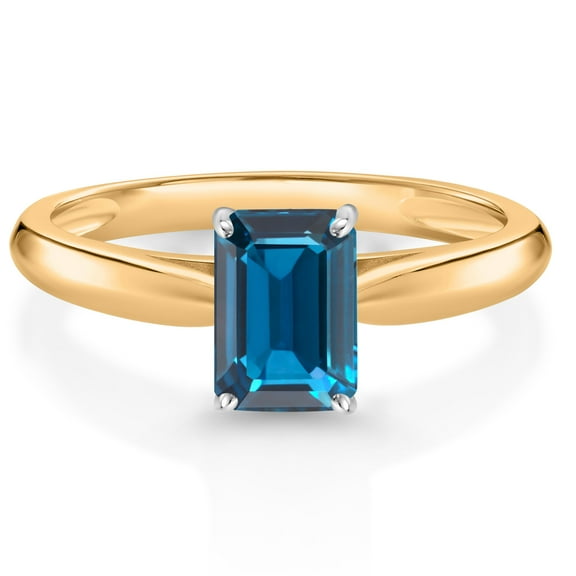 Gem Stone King 1.14 Ct Emerald Cut London Blue Topaz 10K Yellow and White Gold Solitaire Engagement Ring (Size 9)