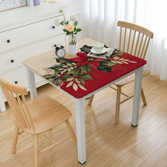 NIJIANKEHAN  Christmas Square Tablecloth with Red Flower Bell, Polyester Poinsettia Vintage Floral Printed Table Cloth for Xmas Party Decoration/Holiday