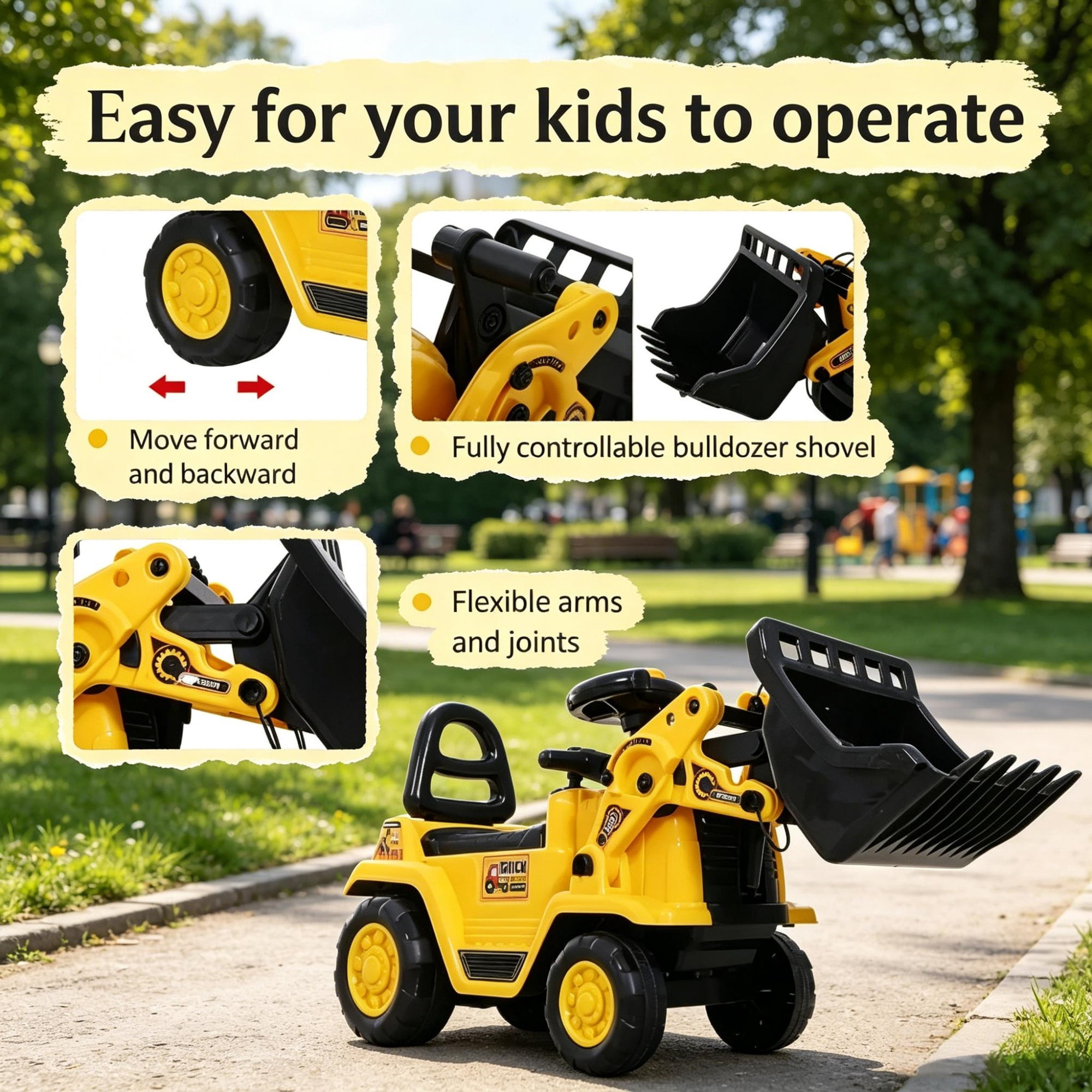 Kids Bulldozer Ride On with Flexible Arms and Horn for Ages 3+