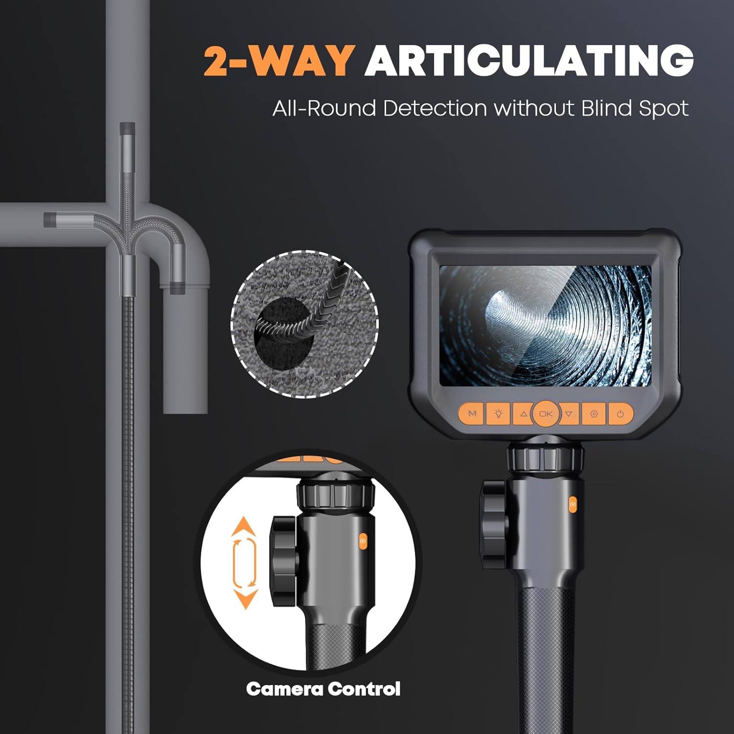 Endoscope Camera with Light Articulating Borescope 2-Way 180° 1080P Industrial Inspection