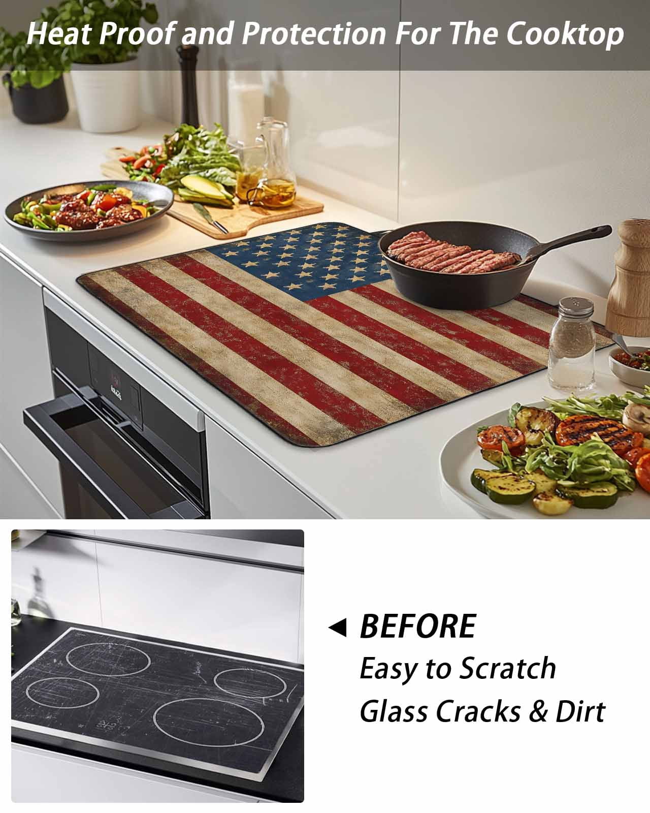 Stove Top Covers for Electric Stove, Vintage American Flag Glass Stovetop Cover Protector, Retro USA Flag Blue Red Induction Cooktop Protector Oven Mat for Kitchen Countertop 24"x21"