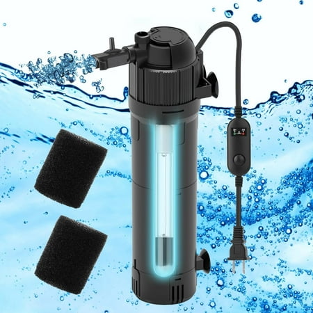 Aquarium Filter U-V Light 5 in 1 Fish Tank Filter, Tawatiler 170 GPH Green Water Cleaning Filter Pump with Timer, Dual Mode (Aeration/Rainfall) for 40-170 Gallon Aquariums (8W U-V+6W Pump)
