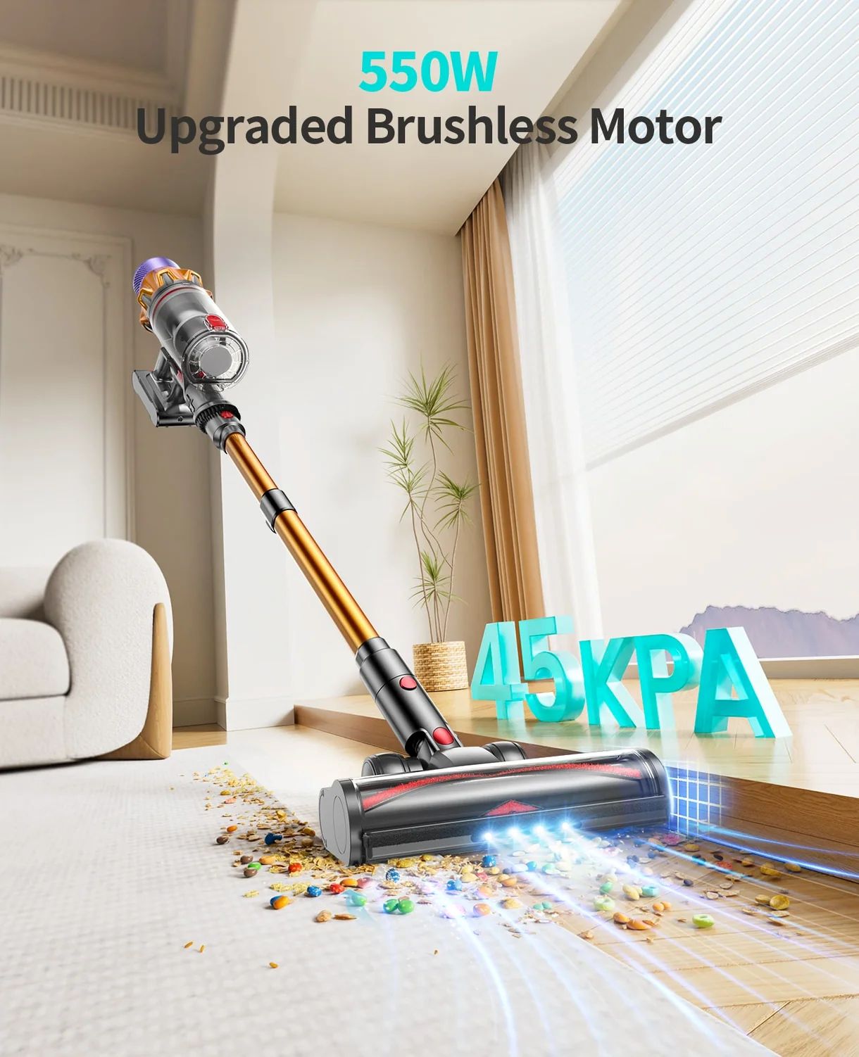 Cordless Vacuum Cleaner, 550W/45Kpa Stick Vacuum Cleaner with Touch Screen, Up to 60Mins Runtime, Anti-Tangle Vacuum Cleaner with Charging Station for Carpet, Hard Floor, Pet Hair