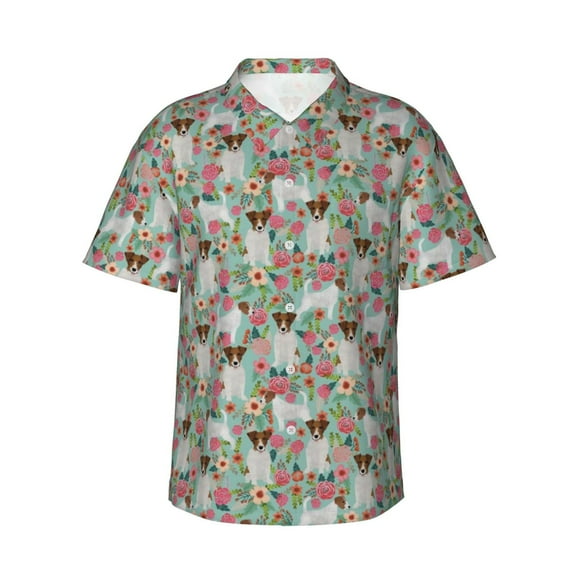 Russell Terrier Dogs Rose Flower Floral Men'S 3d Print Casual Button Down Shirts, Novelty Hawaiian Short Sleeves S