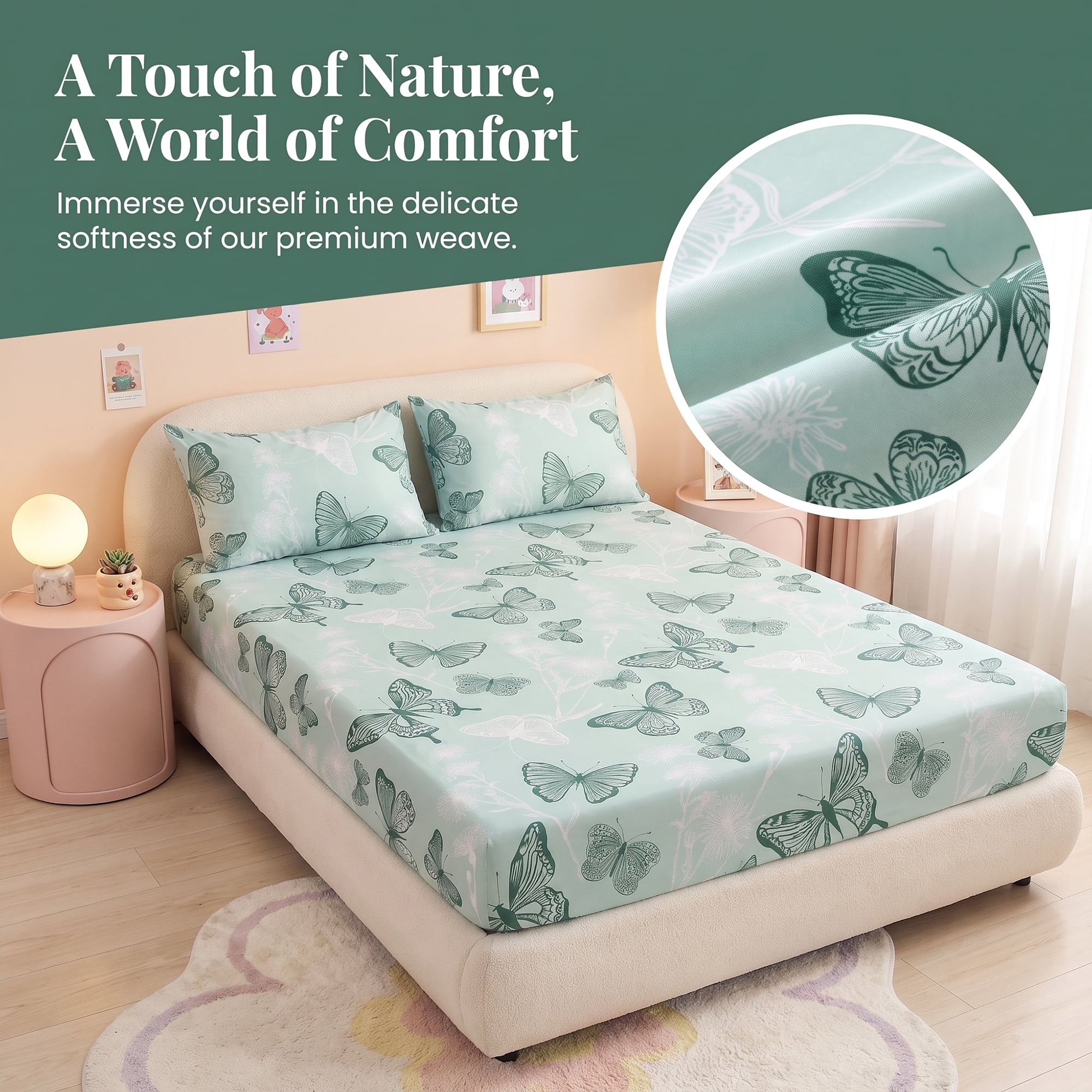 Unique Bargains Fitted Sheet Butterfly Pattern Microfiber Bed Sheets Green 60.2"x79.9"