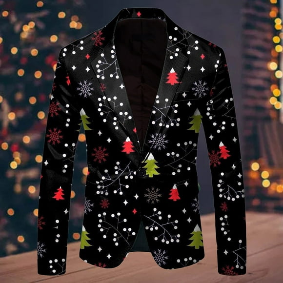 Men Christmas Snowflake Santa Printed Pocket Lapel Button Suit Jacket