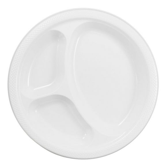 JAM Paper 3 Compartment Divided Plastic Plates, 20 per Pack, White, Large, 10.25"