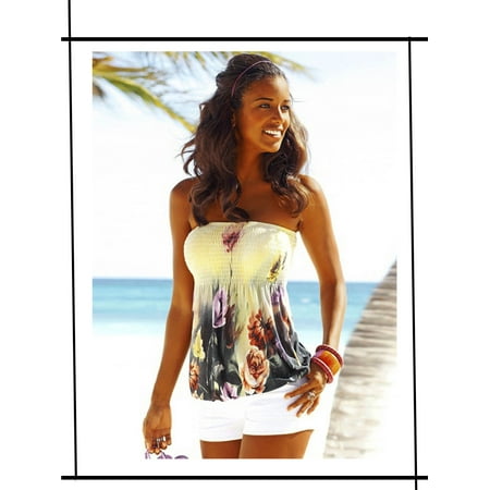 Phoebecat Sleeveless Tube Tops for Women, PCH3129YS Sexy Floral Print Blouse for Women, Halter Neck Bra Style Elastic Strapless Tee Shirt for Ladies, S-XL