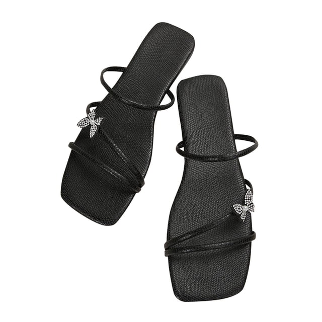 Womens Slippers Large Size Simplicity Three Straps Butterfly Rhinestone Bling Shine Flat Bottomed Square Open Toe Breathable Comfortable Non-Slip Summer Casual Slippers Black