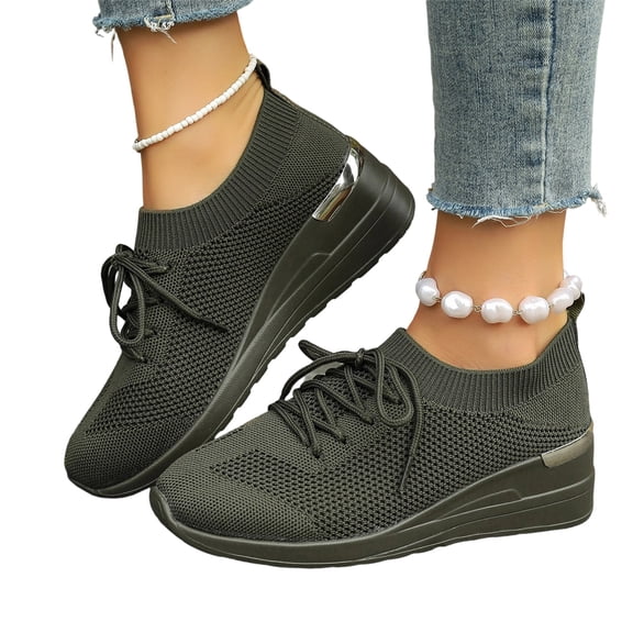 EKVAHL Women's Orthopedic Wedge Walking Sneakers, Knit Lace Up Tennis Shoes, Arch Support Gym Shopping Casual Shoes Green