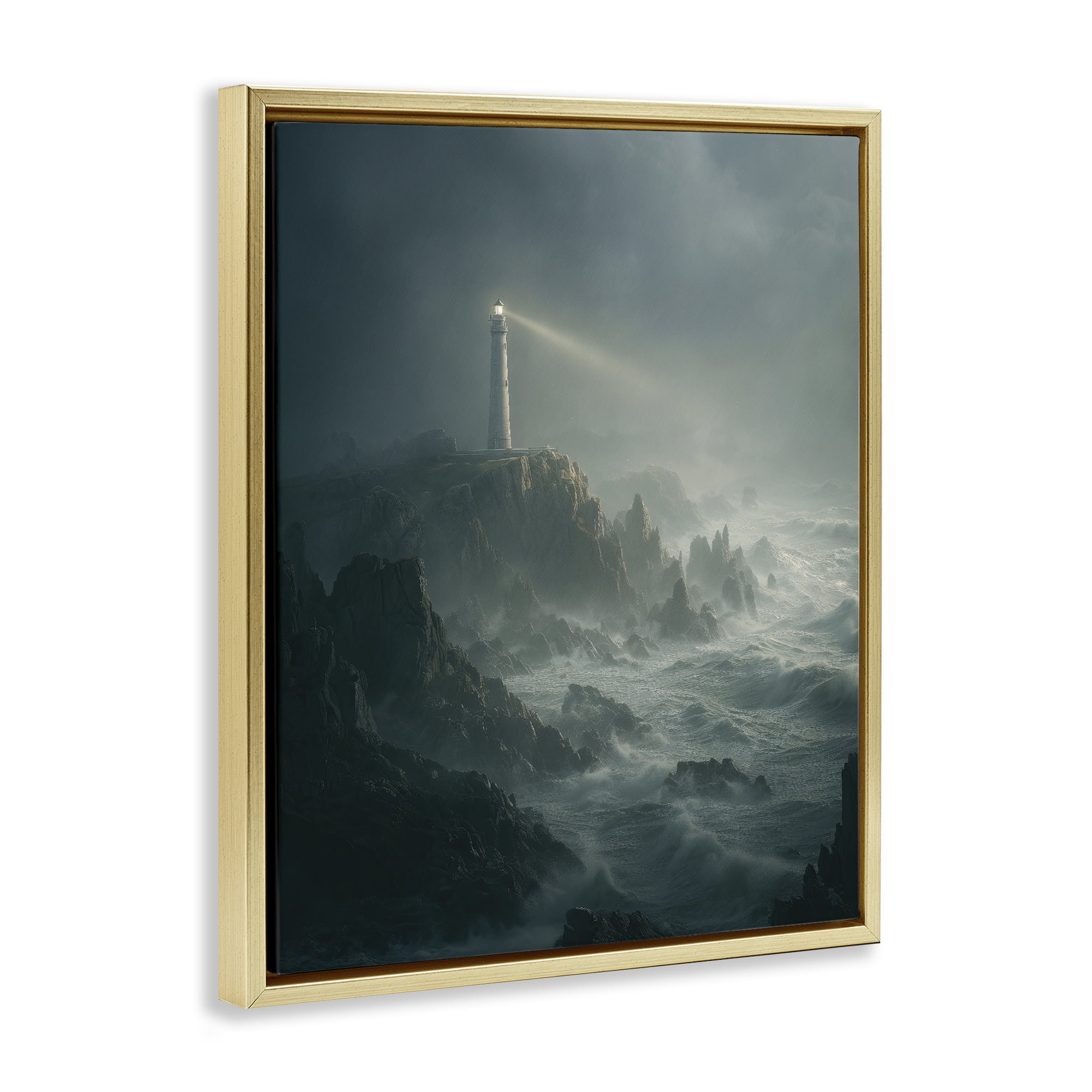 Lighthouse and Stormy Cliff Gold Framed Floater Canvas Wall Art, design by Ziwei Li