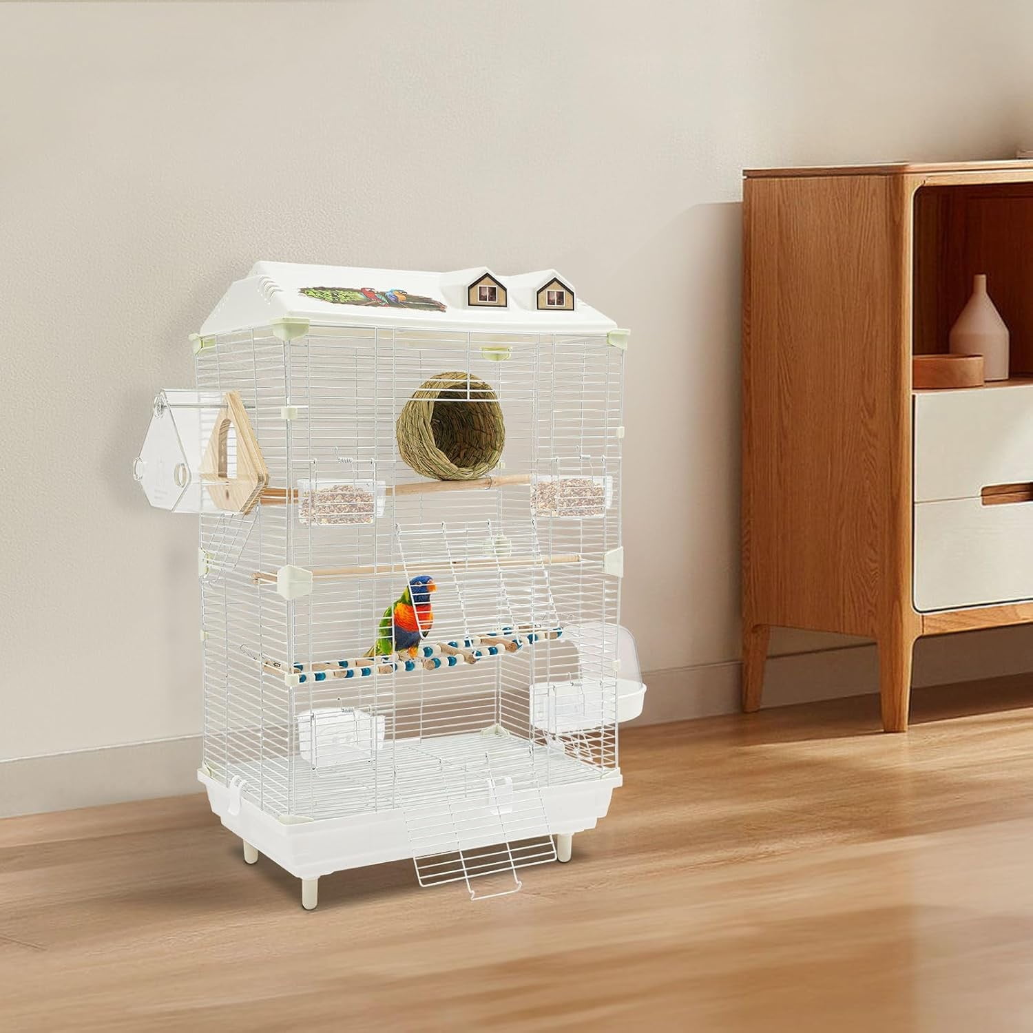 2-Tier Visible Bird Cage for Small Birds, 47x30x77cm with Full Accessories Kit
