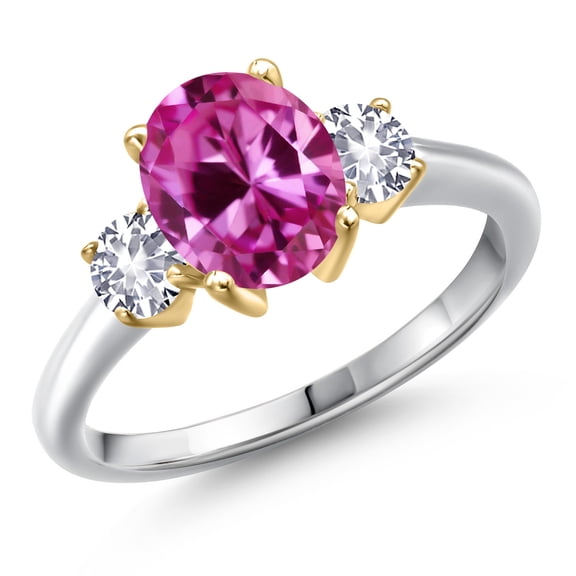 Gem Stone King 10K Two Tone Gold Pink Created Sapphire and White Created Sapphire Engagement Ring for Women | 1.50 Cttw | Oval 9X7MM | Gemstone September Birthstone | Size 9