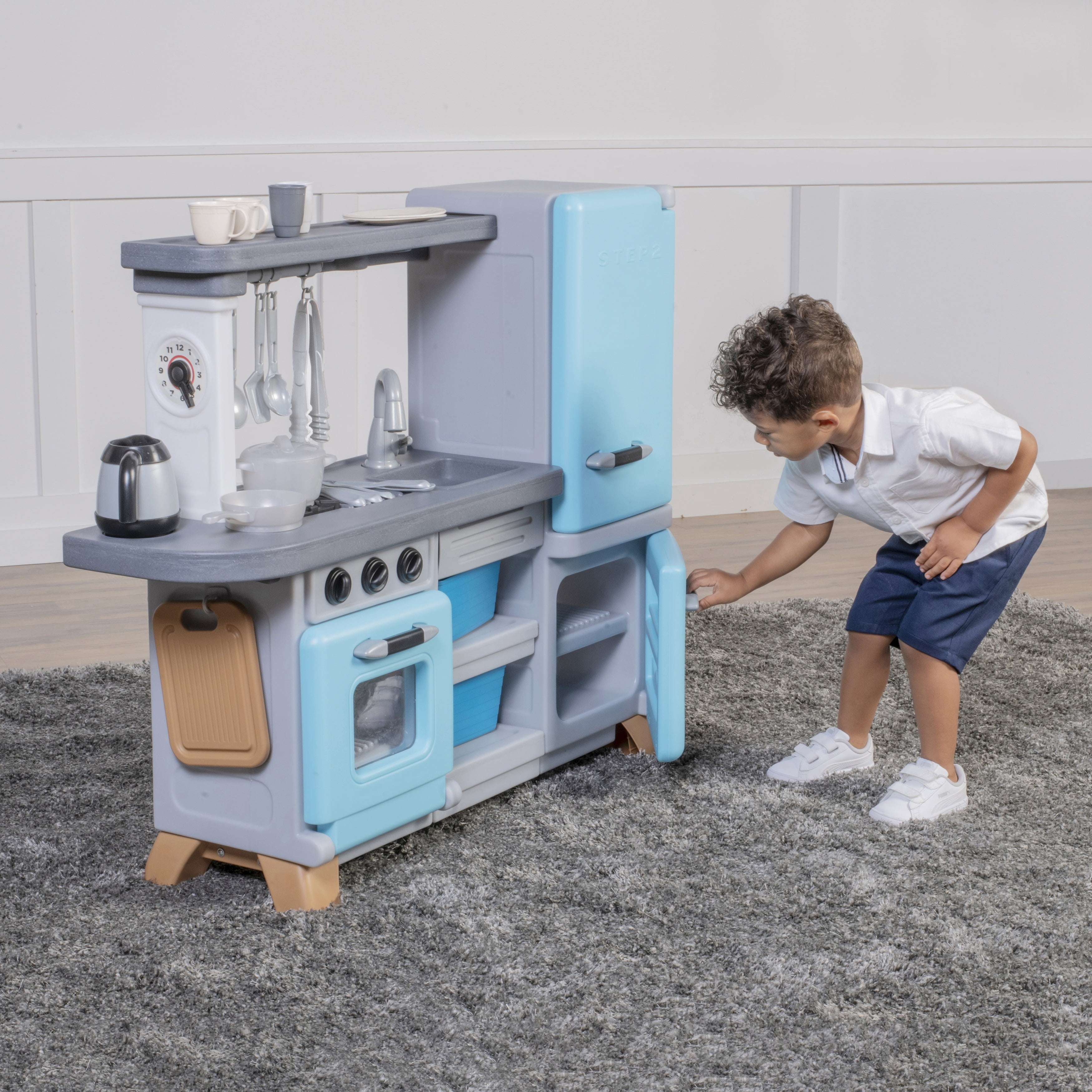 Step2 Blue Cooking Time Kids Pretend Kitchen Playset with Fridge