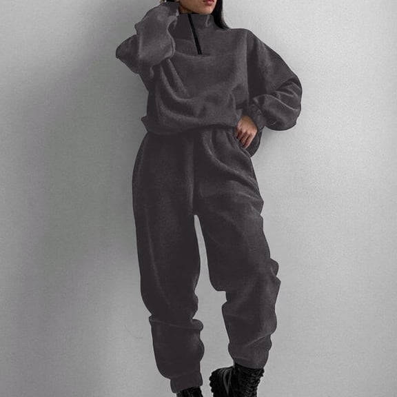 BXINGOHAI Womens Casual Fleece Tracksuit Set Full Zipper Hoodie Long Workout Pants Tracksuit Jogging Suits Today Sales Dark Gray,S