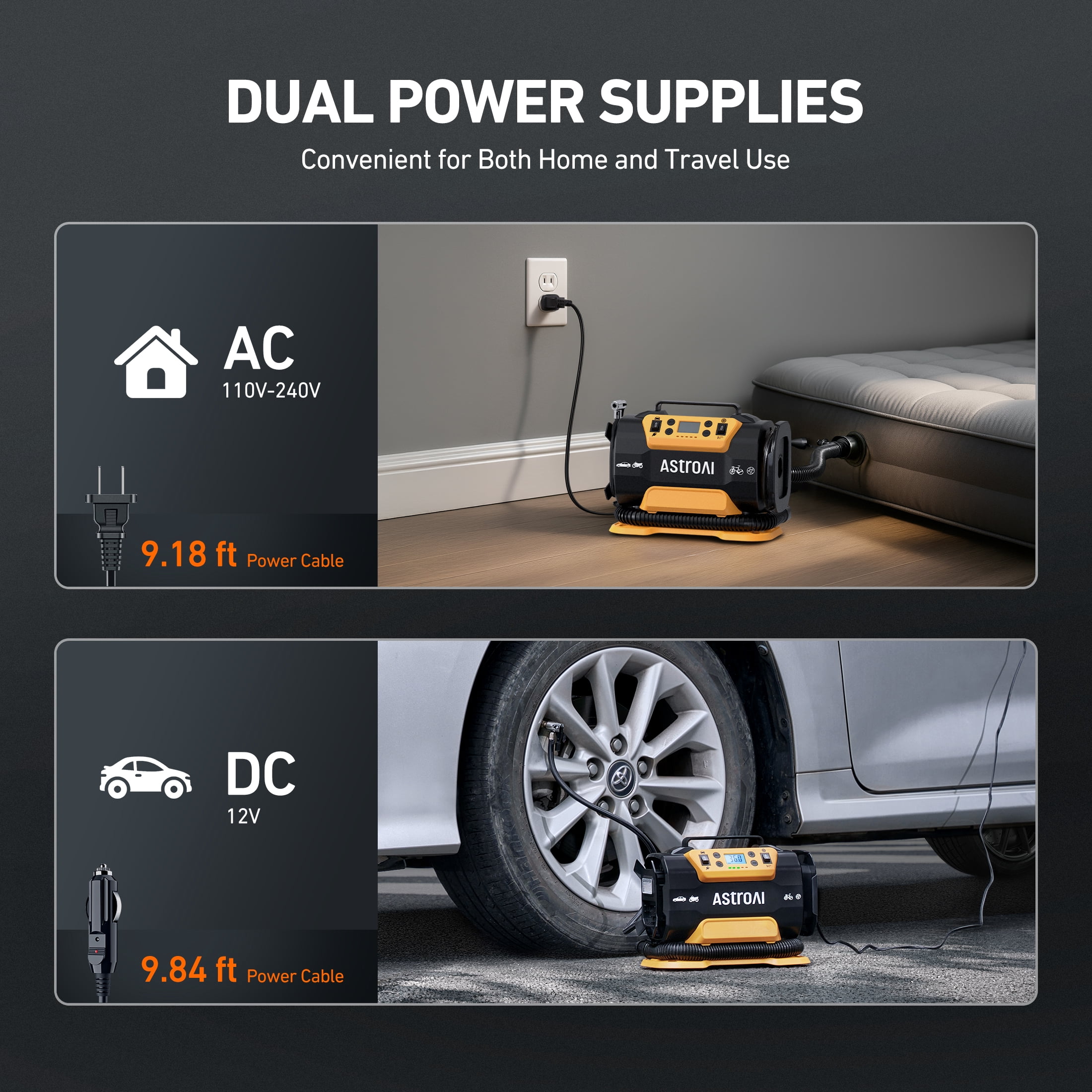 AstroAI Tire Inflator Air Compressor Portable Electric Pump, 150 PSI Air Pump with Dual Metal Motors Dual Power Sources 12V DC/110V AC for Car Bicycle Motorcycle Ball Air Mattress, for Gift