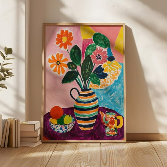 Bold Colorful Print, Bright Floral Vasefruit Bowl And Flowers, Vibrant Kitchen Decor, Abstract Contemporary Art Wall Art, Modern Wall Decor, 8x12 UNFRAMED
