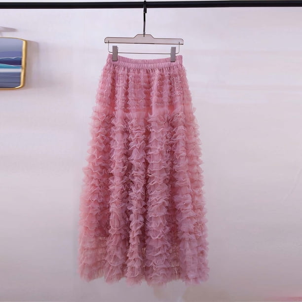 TaTaai Women Casual Solid Tulle Elastic Waist Layered Cake Skirt Knee Length Street Style Party Wear Lightweight Breathable Non-See-Through Stylish Skirt Gift