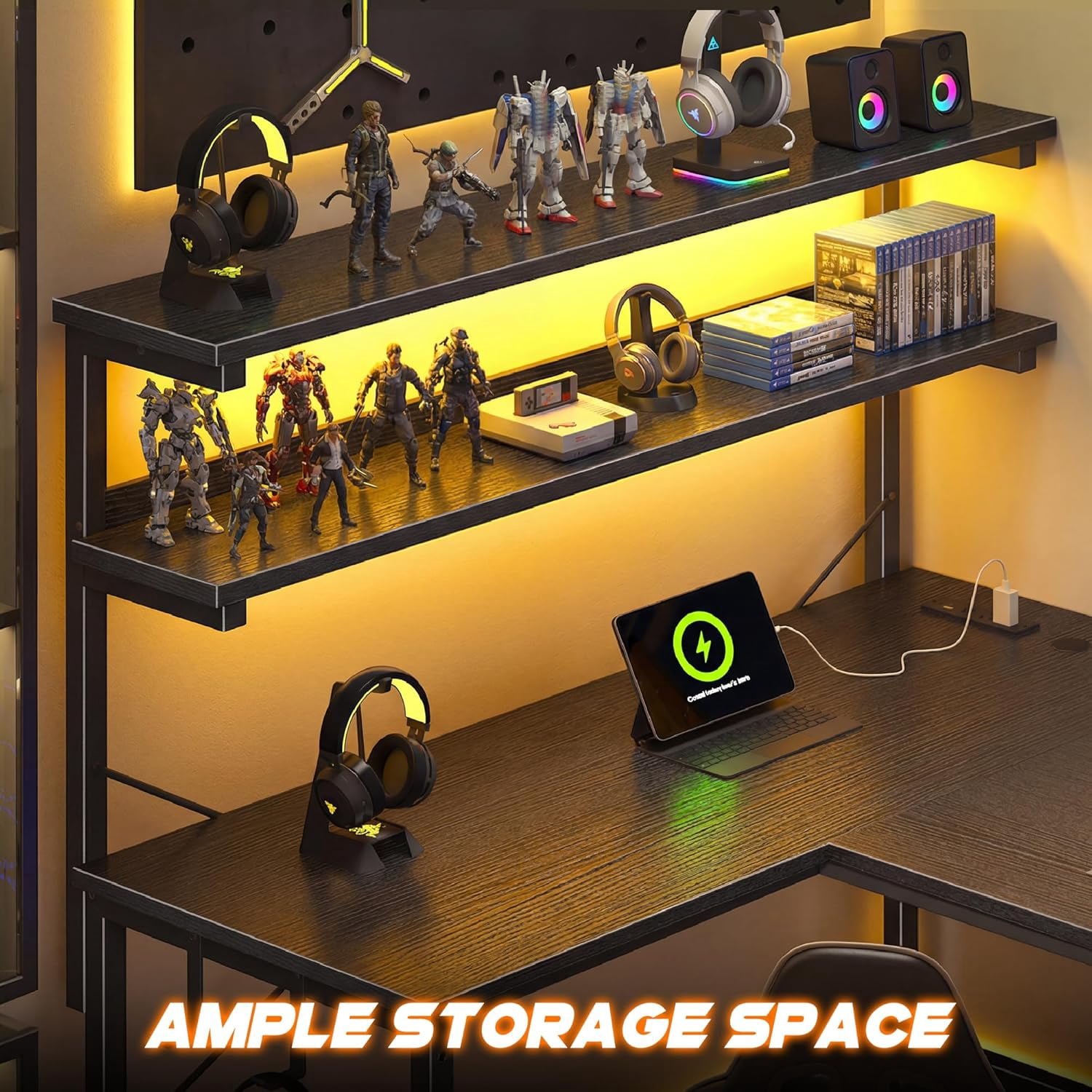 53 Inch L Shaped Desk Gaming Desk with LED Light & Power Outlet, Reversible L Shaped Computer Desk with Shelf & Storage Bag Gamer Corner Desk with Headphone Hook for Home Office Desk, Black