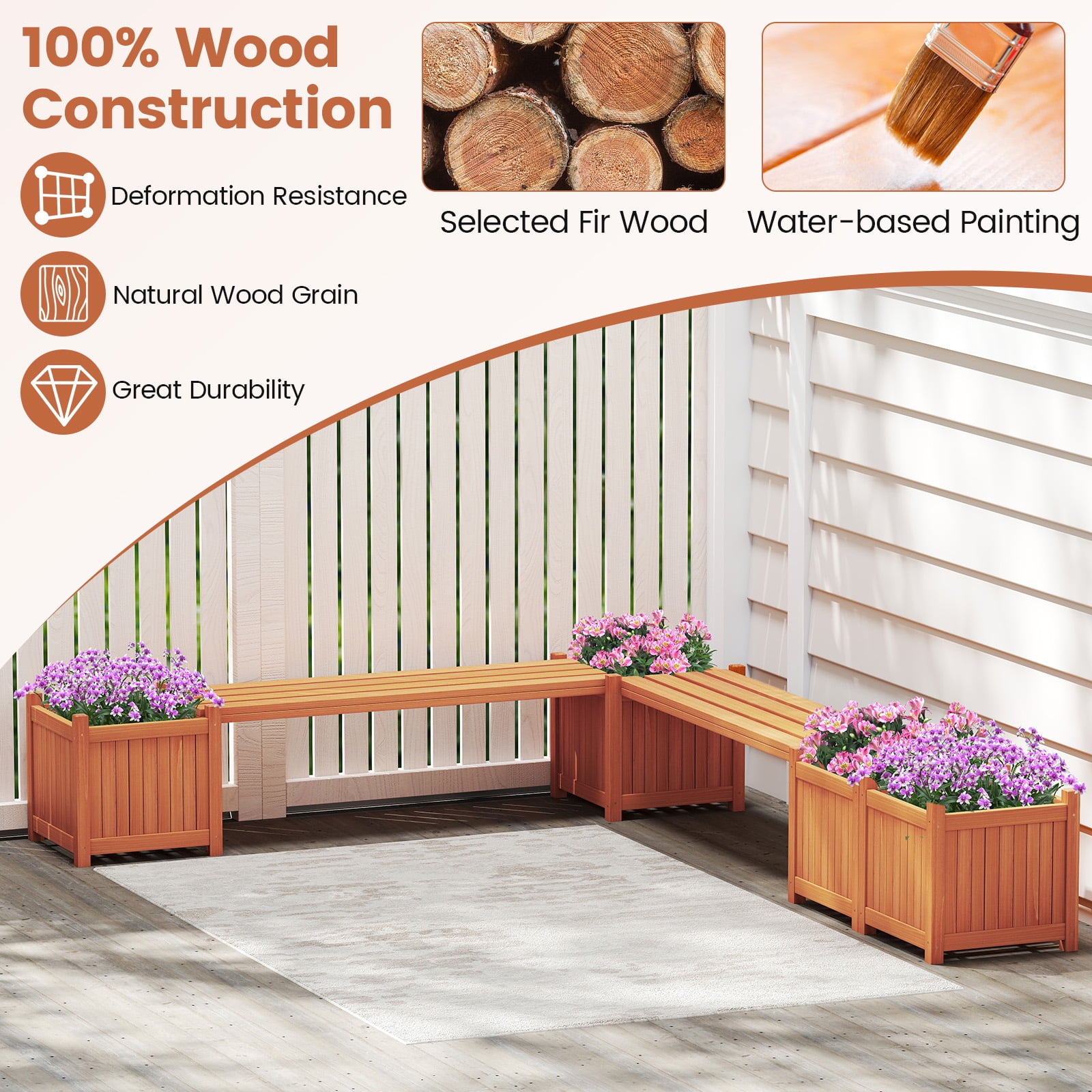 Gymax Wood Outdoor Planter Boxes w/ Detachable Bench 2 Elevated Mini Planters Patio