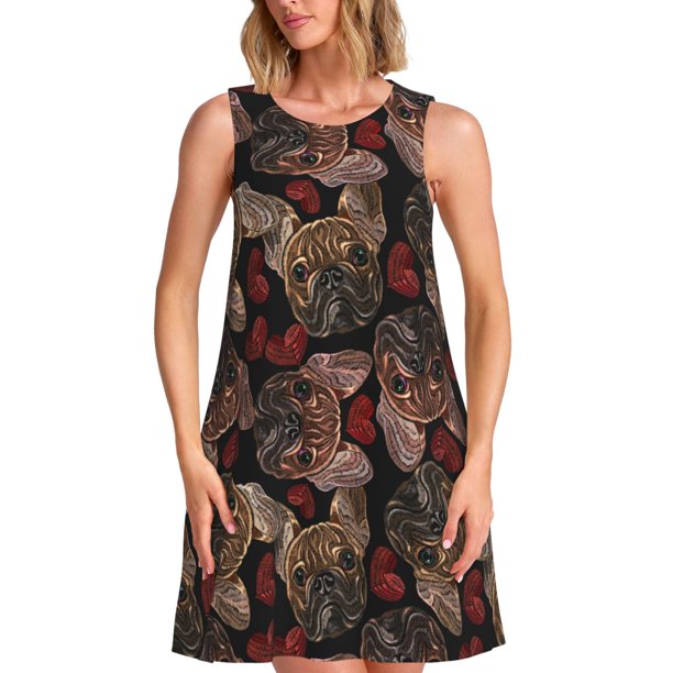 Balery Hearts and French Bulldog Vestidos de verano para mujer con estampado: vestido holgado sin mangas, vestido playero informal y cómodo para días calurosos.