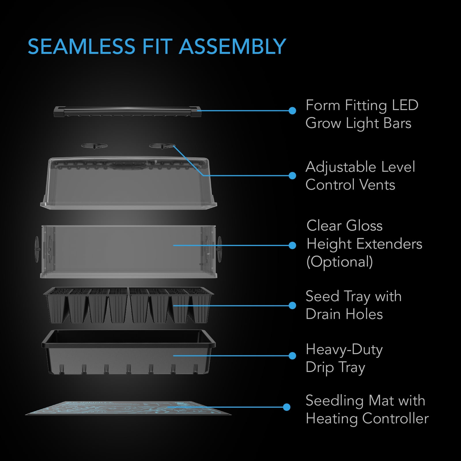 AC Infinity Heavy-Duty Humidity Dome 5x8 Germination Kit, Full Spectrum LED Grow Light Bars w/ Samsung LM301H EVO LEDs, Heat Mat, 3 mm Thickest Dome, Trays, Vented Panels, for Seed Starting