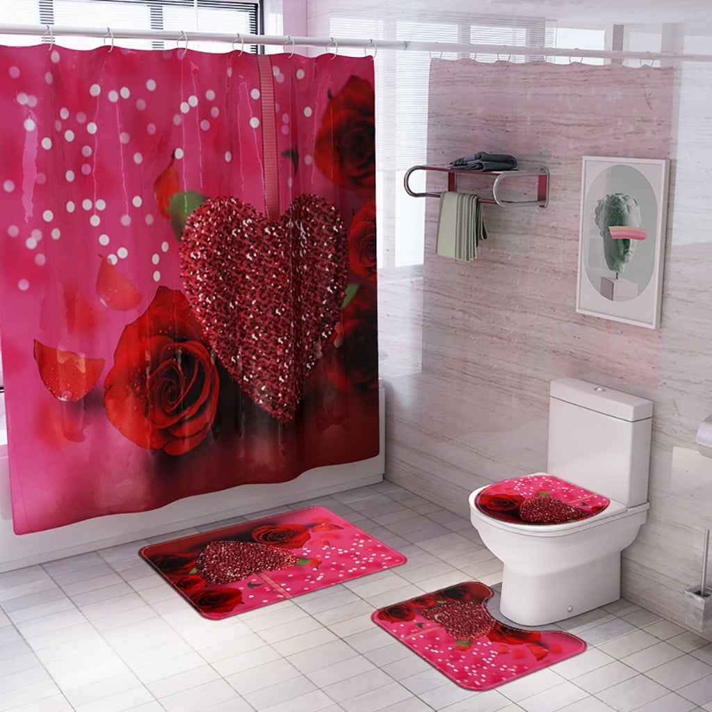Valentine's Day Love Print Toilet Bathroom Mat And Shower Curtain Four