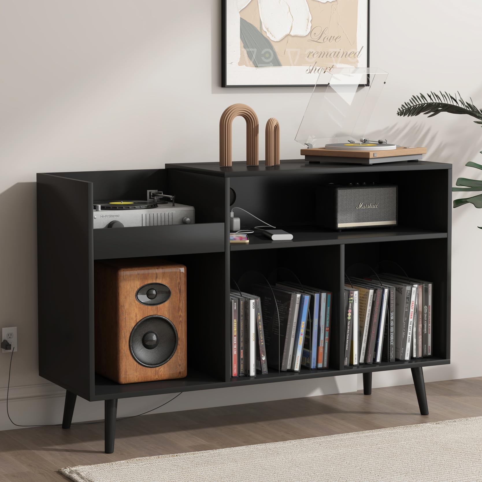 Support de Tourne-Disque avec Station de Charge et Ports USB, Support de Plateau Tournant Mi-Siècle pour jusqu'à 300 Albums