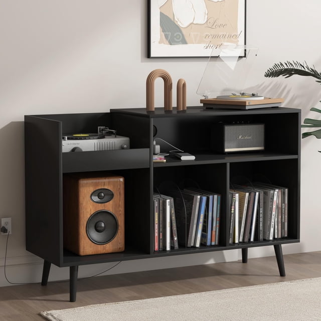 Support de Tourne-Disque avec Station de Charge et Ports USB, Support de Plateau Tournant Mi-Siècle pour jusqu'à 300 Albums