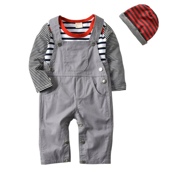 3Pcs Baby Boys Long Sleeve Stripe Romper Overalls Clothing Set with Hat (18-24 Months) Grey